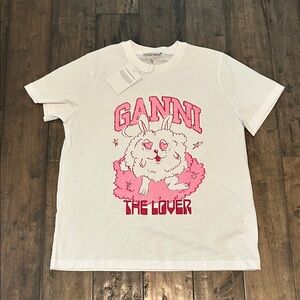 Ganni White Tee with Pink Graphic 'The Lover' Design